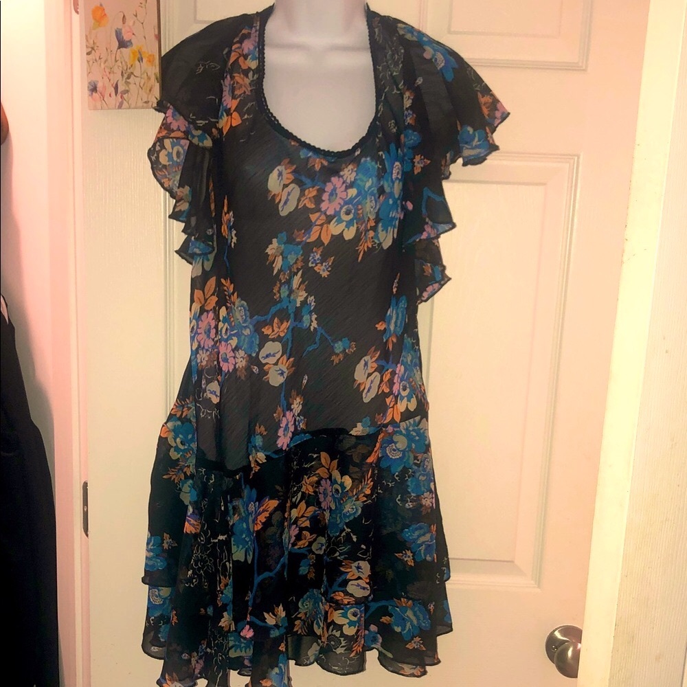 Free People Asymmetrical Floral Dress - Black and Blue